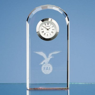 Branded Promotional 10CM OPTICAL CRYSTAL GLASS BEVELLED ARCH CLOCK Clock From Concept Incentives.