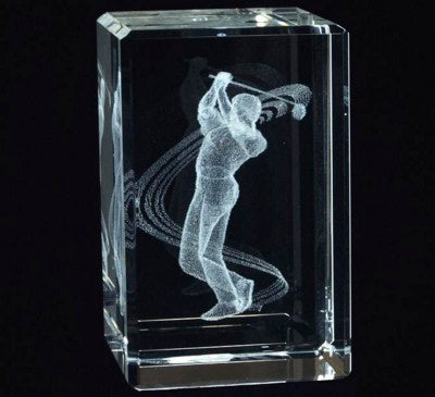 Branded Promotional CRYSTAL GLASS RECTANGULAR GOLF PAPERWEIGHT or AWARD TROPHY with 3D Laser Engraved Image & Logo Paperweight From Concept Incentives.