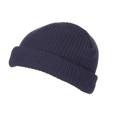 Branded Promotional 100% SHORT FIT ACRYLIC RIBBED BEANIE HAT in Navy Blue with Turn-up Hat From Concept Incentives.