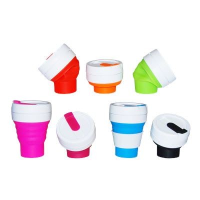 Branded Promotional FOLDING COLLAPSIBLE SILICON POCKET CUP with Lid Travel Mug From Concept Incentives.