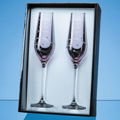 Branded Promotional 2 PINK DIAMANTE CHAMPAGNE FLUTE SET with Spiral Design Cutting Champagne Flute From Concept Incentives.