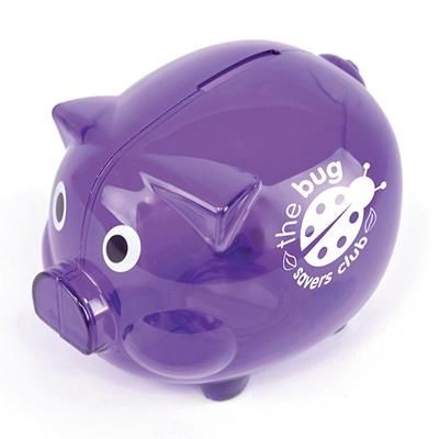 Branded Promotional PIGGY BANK in Purple Money Box From Concept Incentives.