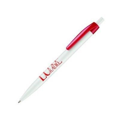 Branded Promotional SUPERSAVER CLICK BALL PEN in White with Red Clip Pen From Concept Incentives.