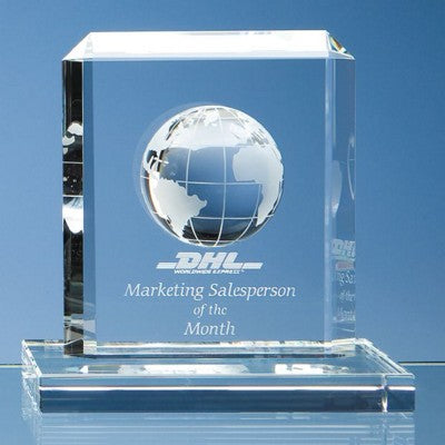 Branded Promotional 15CM OPTICAL CRYSTAL GLASS GLOBE RECTANGULAR AWARD Globe From Concept Incentives.