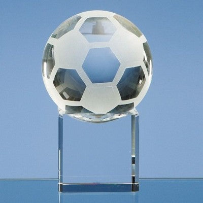 Branded Promotional 8CM OPTICAL GLASS FOOTBALL ON CLEAR TRANSPARENT BASE AWARD Award From Concept Incentives.