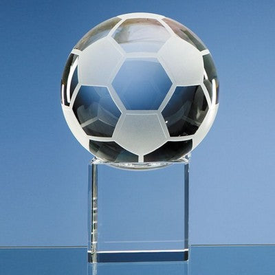 Branded Promotional 10CM OPTICAL GLASS FOOTBALL ON CLEAR TRANSPARENT BASE AWARD Award From Concept Incentives.