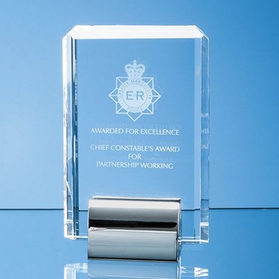 Branded Promotional 15CM OPTICAL CRYSTAL GLASS RECTANGULAR AWARD MOUNTED ON SILVER CHROME STAND Award From Concept Incentives.