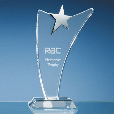 Branded Promotional 25CM OPTICAL GLASS SWOOP AWARD with Silver Star Award From Concept Incentives.