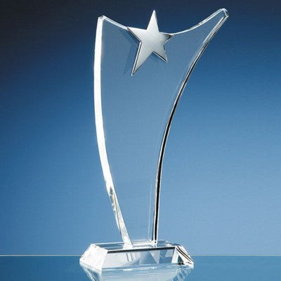 Branded Promotional 30CM OPTICAL GLASS SWOOP AWARD with Silver Star Award From Concept Incentives.