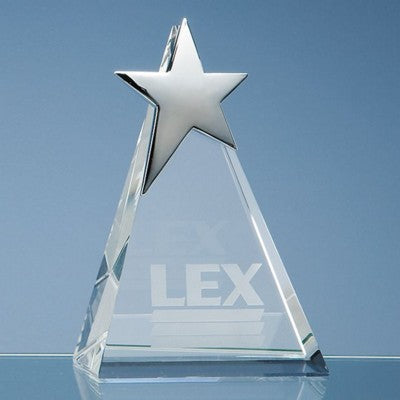 Branded Promotional 15CM OPTICAL GLASS TRIANGULAR AWARD with Silver Star Award From Concept Incentives.