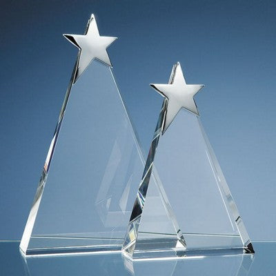 Branded Promotional 20CM OPTICAL GLASS TRIANGULAR AWARD with Silver Star Award From Concept Incentives.