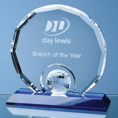 Branded Promotional 15CM OPTIC DECAGON AWARD with Globe on Blue Base Award From Concept Incentives.