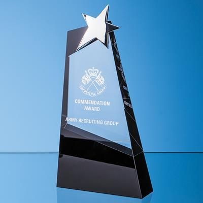 Branded Promotional 31CM CLEAR TRANSPARENT & ONYX BLACK OPTICAL CRYSTAL SLOPE AWARD with Silver Star Award From Concept Incentives.