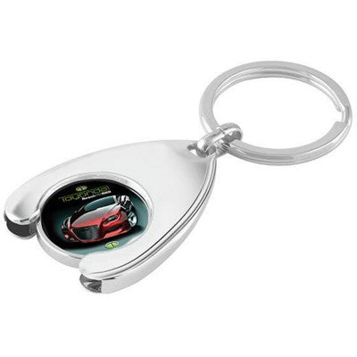 Branded Promotional FULL COLOUR DIGITAL TROLLEY COIN in Wishbone Holder in Silver Keyring From Concept Incentives.