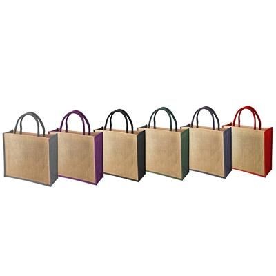 Branded Promotional TEMBO CT JUTE SHOPPER TOTE BAG with Colour Trim & Matching Short Cotton Cord Handles Bag From Concept Incentives.