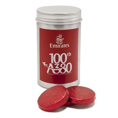 Branded Promotional CIRCULAR TIN with Branded Sticker Chocolate From Concept Incentives.