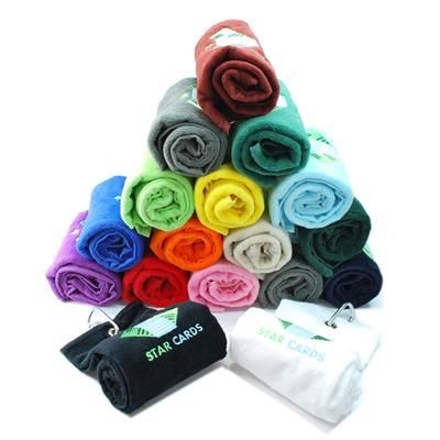 Branded Promotional LOGO TRIFOLD VELOUR GOLF TOWEL with Carabiner Golf Towel From Concept Incentives.