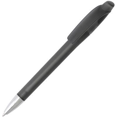 Branded Promotional RACER FROST PLASTIC BALL PEN in Translucent Black Pen From Concept Incentives.