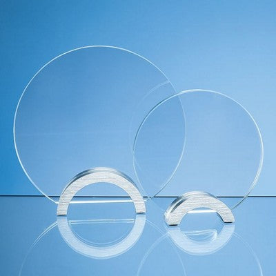 Branded Promotional CLEAR TRANSPARENT GLASS CIRCLE AWARD MOUNTED ON ALUMINIUM METAL BASE Award From Concept Incentives.