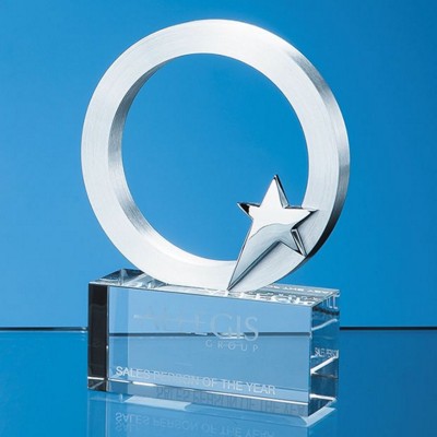 Branded Promotional 10CM SILVER STAR & CIRCLE ON OPTICAL CRYSTAL BASE Award From Concept Incentives.