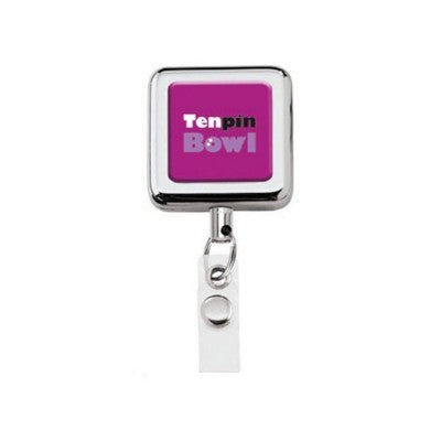 Branded Promotional SILVER CHROME FINISHED SKI PASS HOLDER - SQUARE Pull Reel Pass Holder From Concept Incentives.