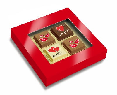Branded Promotional CLEAR TRANSPARENT LIDDED BOX with 16 Printed Belgian Praline Chocolate From Concept Incentives.