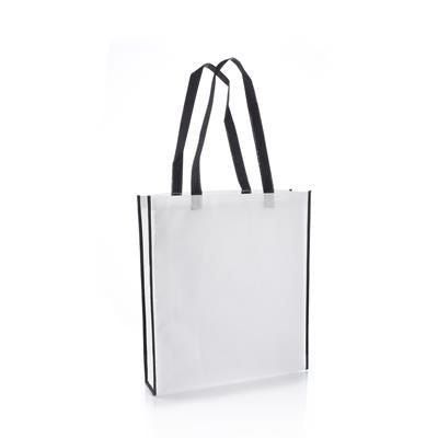 Branded Promotional VIRGINIA NON WOVEN PP TOTE BAG in White with Black Colour Handles & Trim Bag From Concept Incentives.