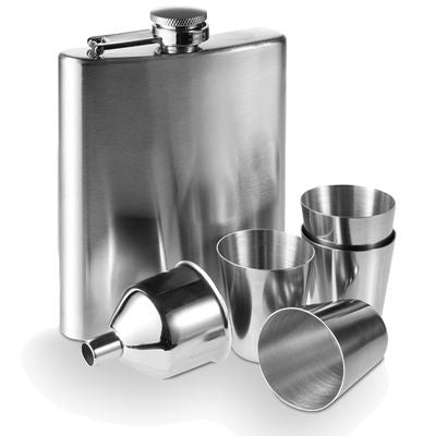 Branded Promotional 7OZ SILVER STAINLESS STEEL METAL HIP FLASK SET in Gift Box Hip Flask From Concept Incentives.